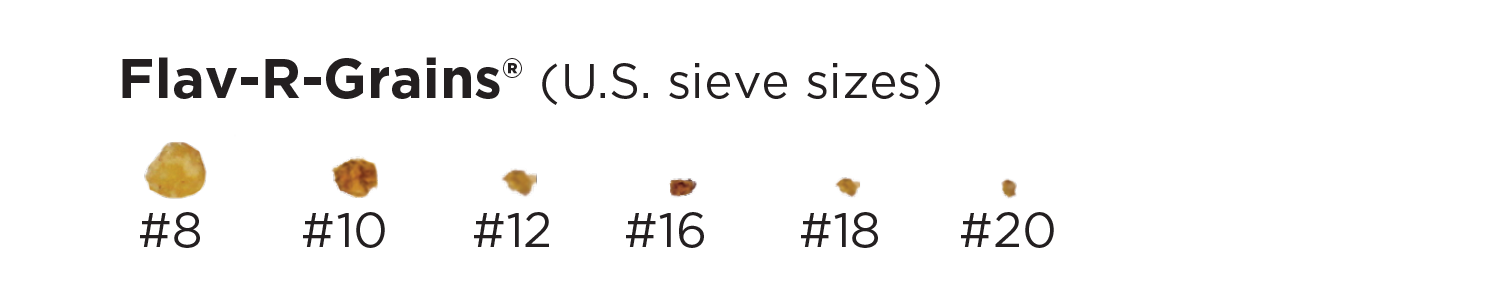 Flav-R-Grains Food Inclusions Size Chart showing: US Sieve Sizes: #8, #10, #12, #16, #18, #20